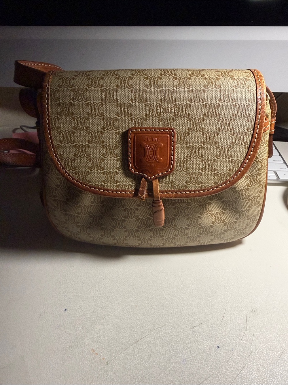 Celine Beige Macadam Tassel shoulder bag with brown Leather Trim Vintage